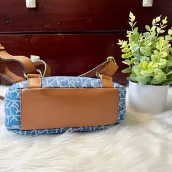 Calvin Klein Elaine Monogram Logo Denim & Brown Faux Leather Mini Backpack - Picture 9 of 14